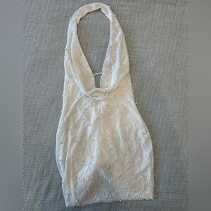 Oh Polly - Size 8 - Versailles deep plunge embellished mini dress in white